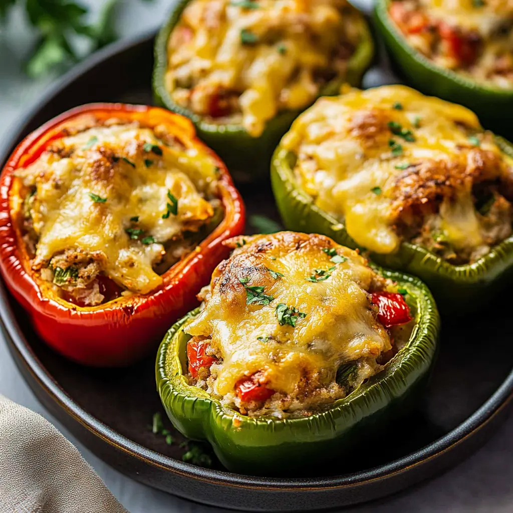 Air fryer stuffed peppers centered hero view, clean and uncluttered