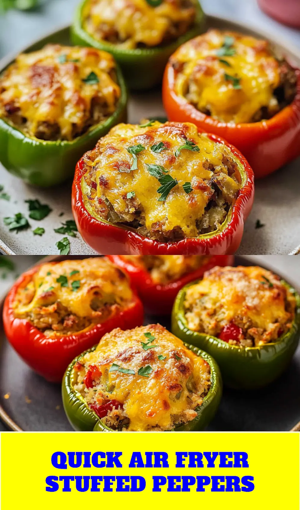 Air fryer stuffed peppers centered hero view, clean and uncluttered pin
