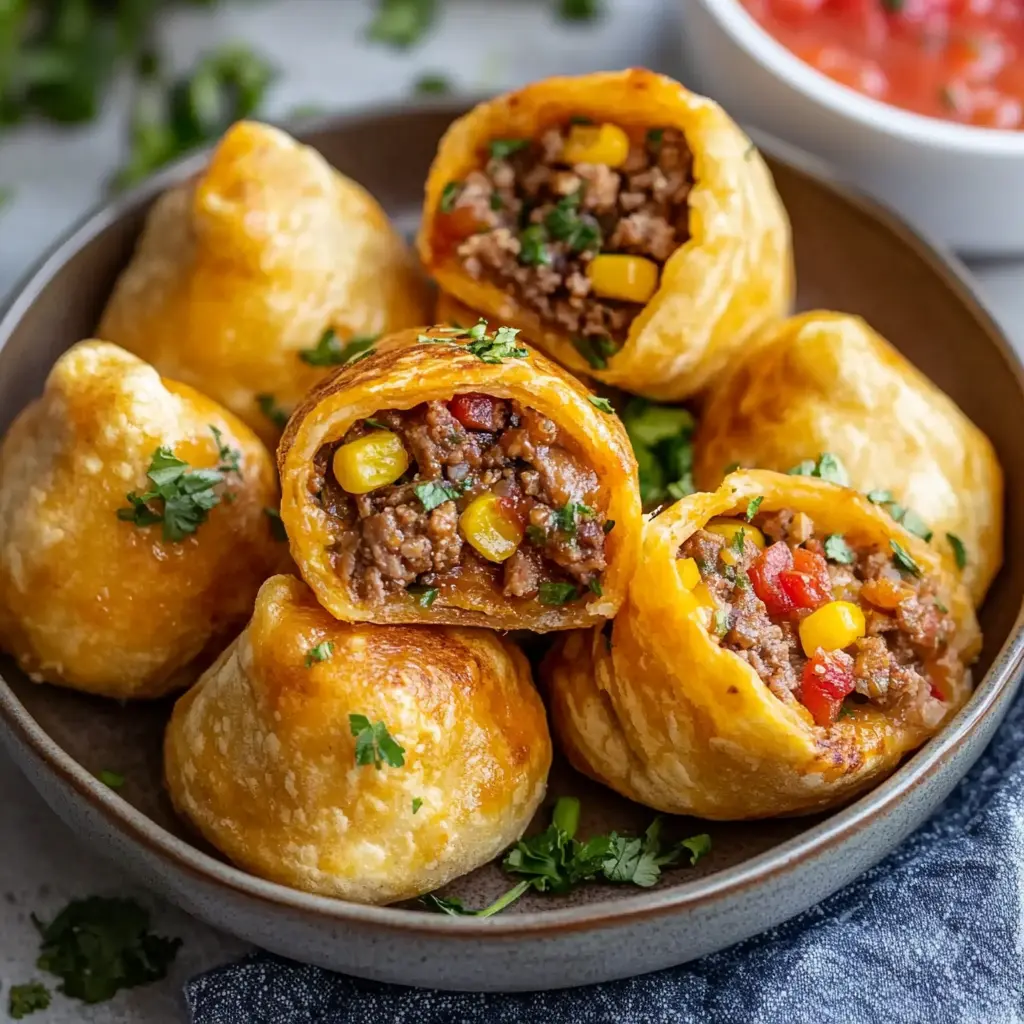 Air Fryer Taco Bombs centered hero view, golden and crispy with melted cheese filling