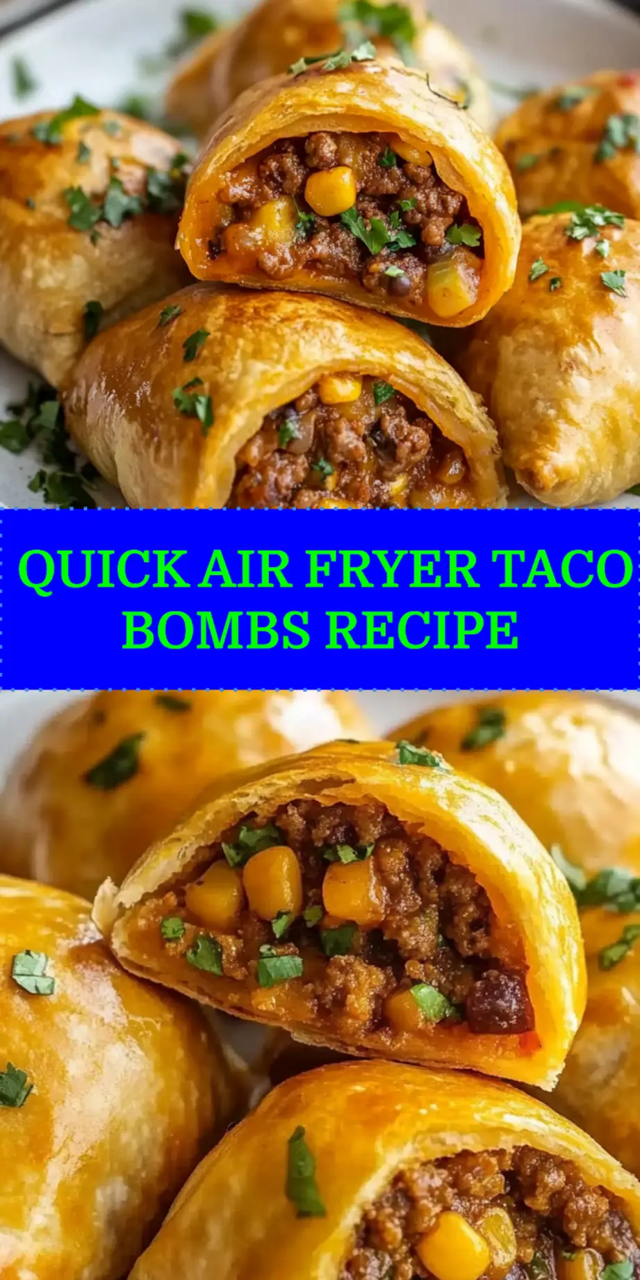 Air Fryer Taco Bombs Pinterest pin showing golden crispy taco bombs with melted cheese