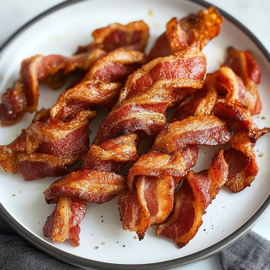 Air fryer twisted bacon with golden crispy spirals on a white plate