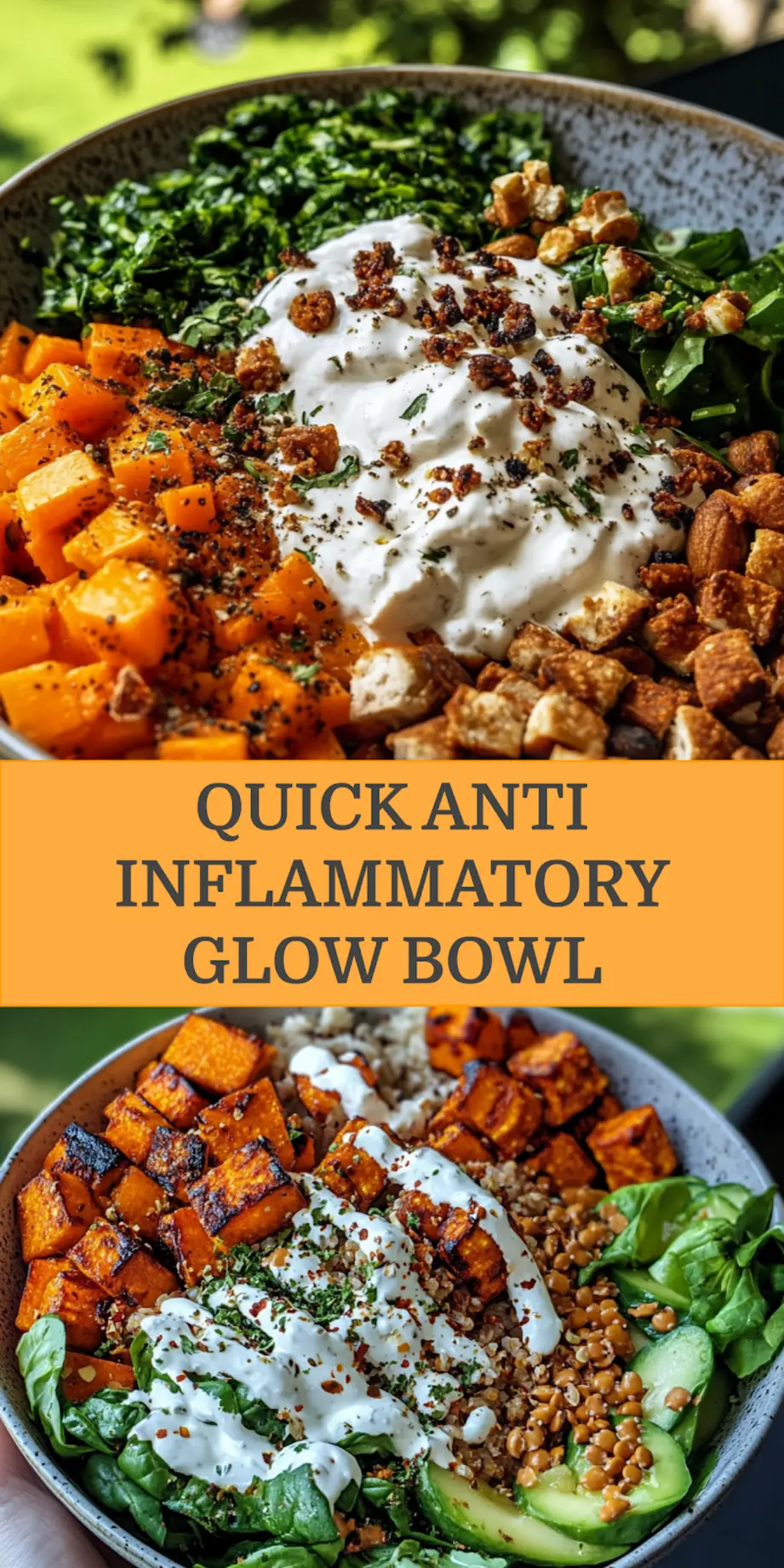 Anti Inflammatory Glow Bowl Recipe Easy Fresh and Delicious 4 Anti inflammatory glow bowl pinterest image with quinoa, roasted vegetables, and tahini sauce