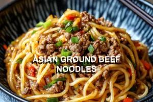 ASIAN GROUND BEEF NOODLES centered hero view, clean and uncluttered