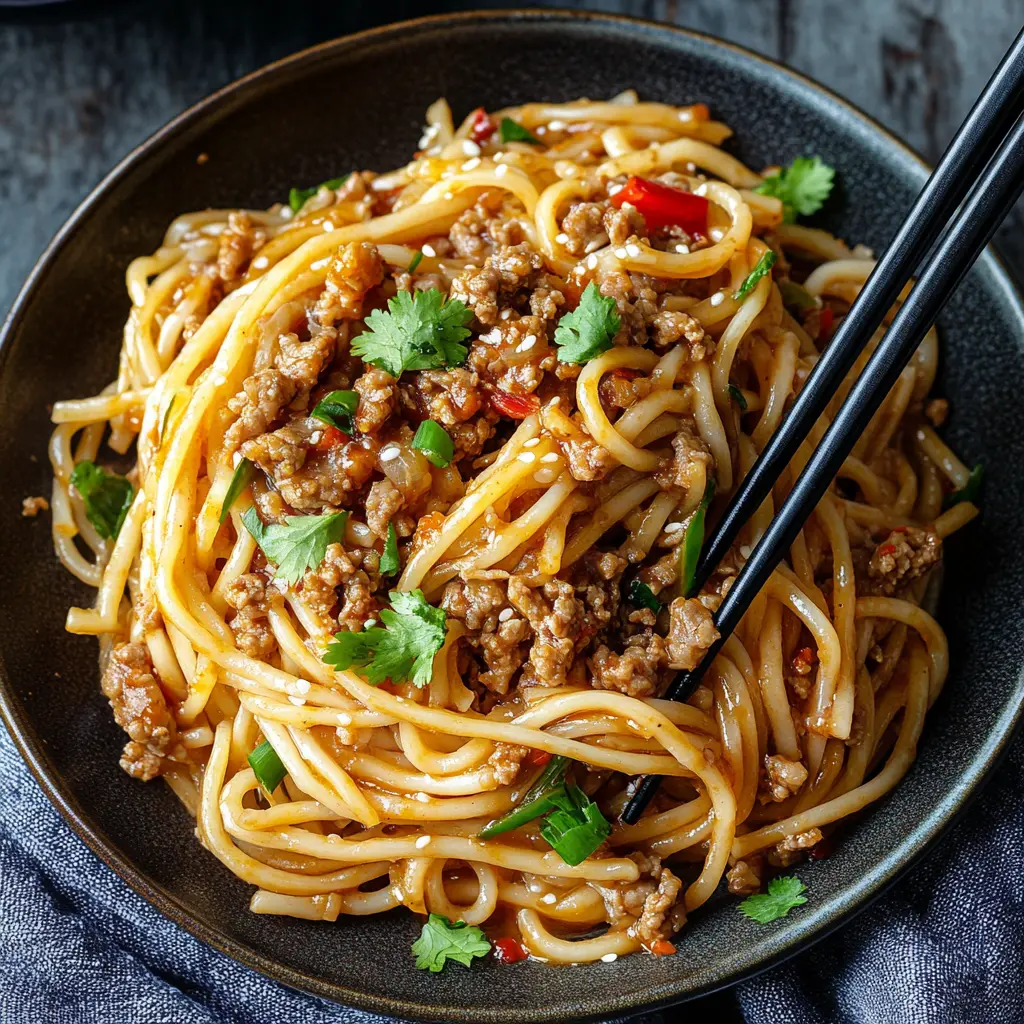 Asian Ground Beef Noodles in a white bowl with chopsticks, topped with fresh spring onions