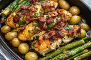 ASPARAGUS BACON CHICKEN POTATO centered hero view, clean and uncluttered