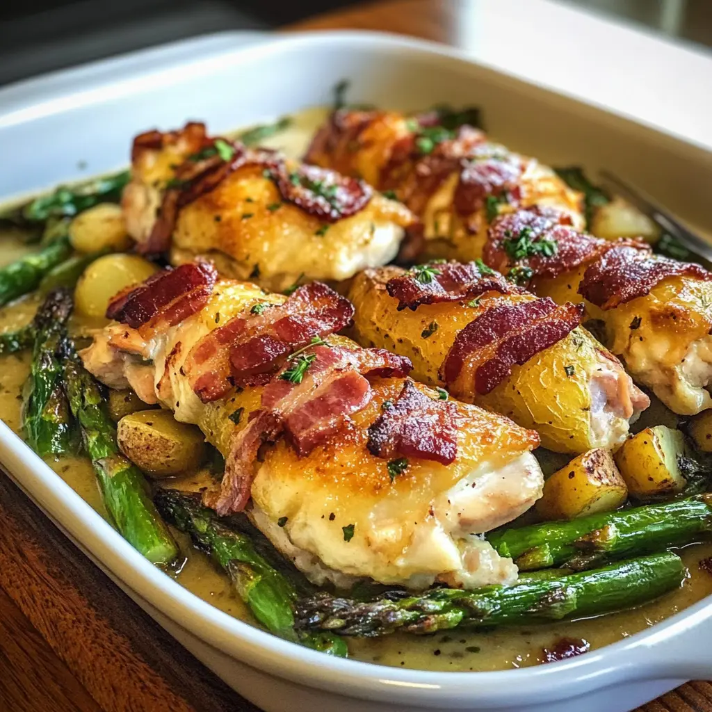 Asparagus bacon chicken potato casserole in baking dish with golden cheese topping