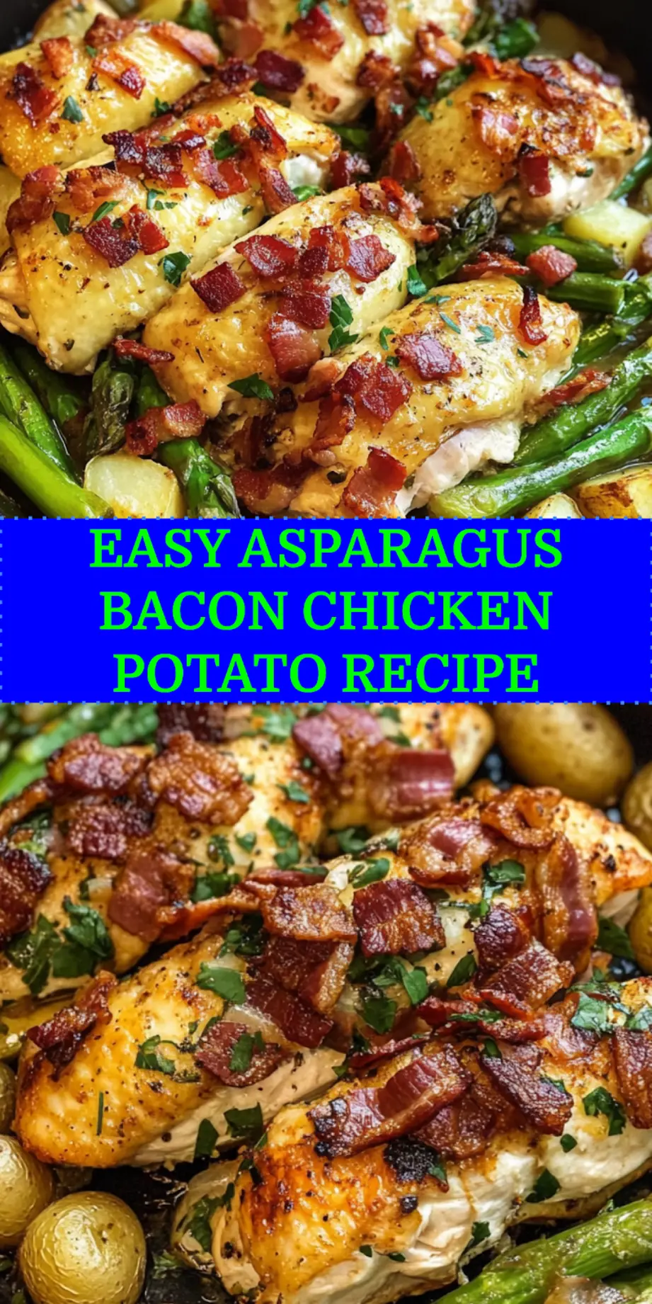 Asparagus bacon chicken potato casserole ready to serve with melted cheese and crispy bacon