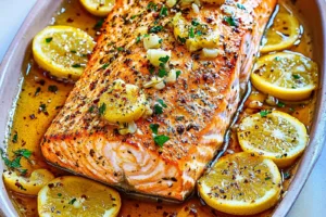 BAKED LEMON GARLIC SALMON centered hero view, clean and uncluttered