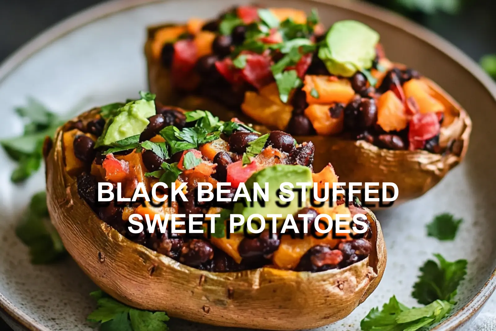 BLACK BEAN STUFFED SWEET POTATOES centered hero view, clean and uncluttered