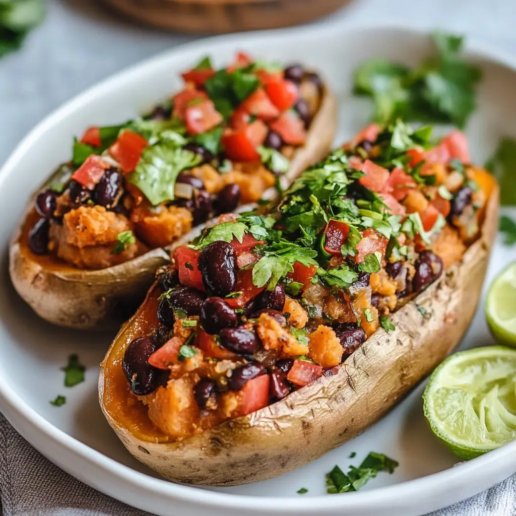 BLACK BEAN STUFFED SWEET POTATOES centered hero view, clean and uncluttered