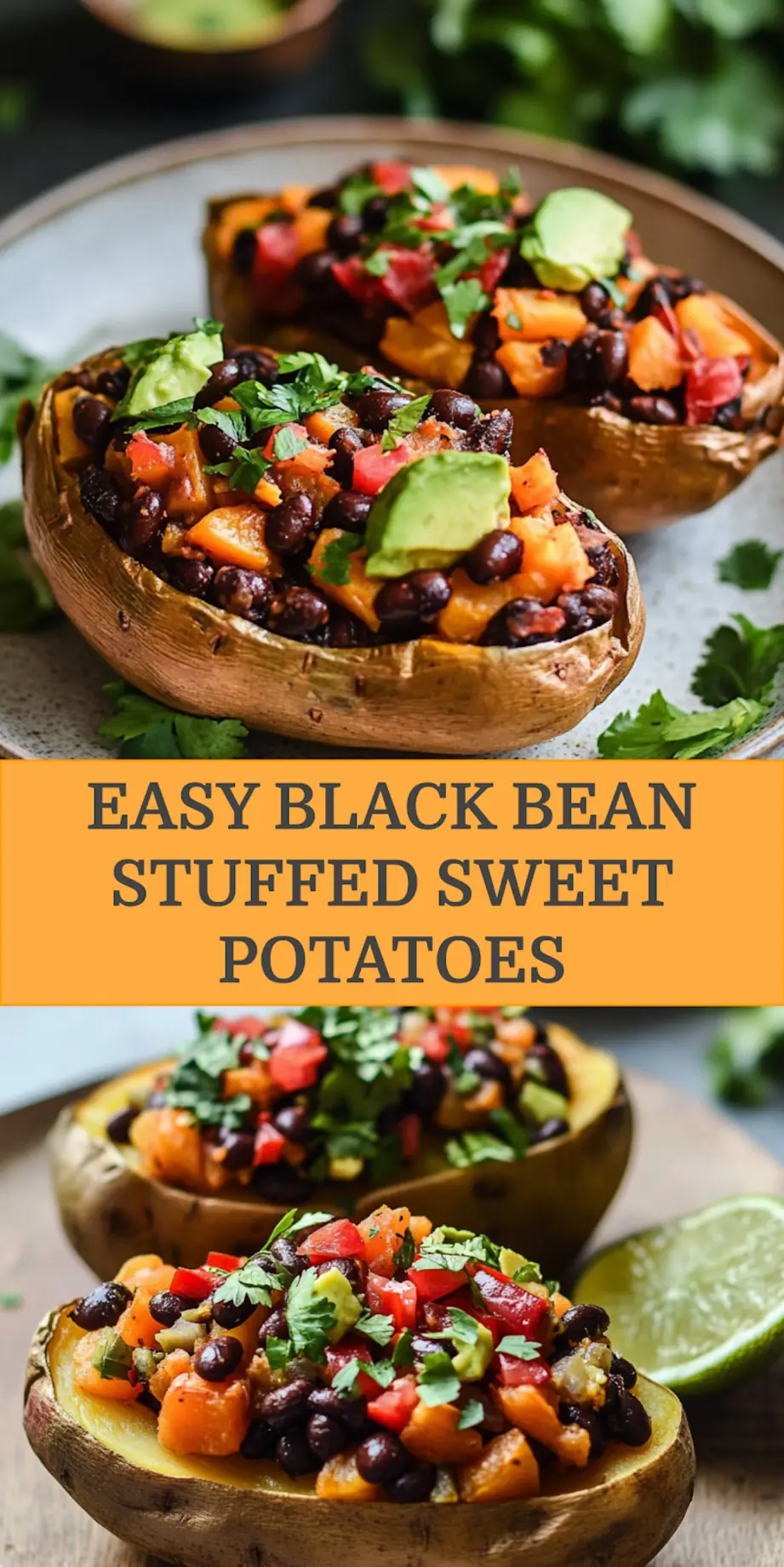 BLACK BEAN STUFFED SWEET POTATOES centered hero view, clean and uncluttered