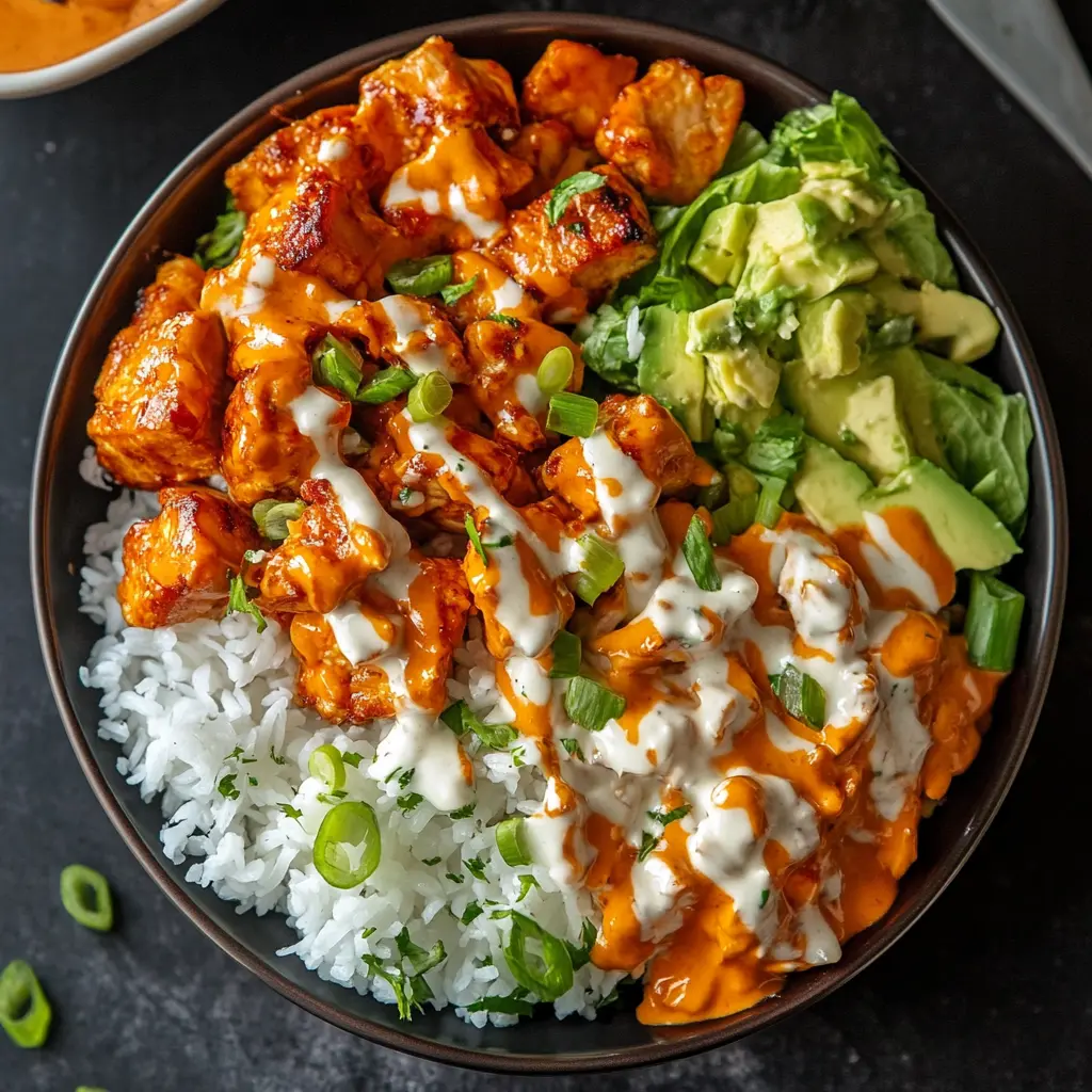 Buffalo Chicken Bowls with tender chicken, fresh vegetables, and creamy dressing over rice