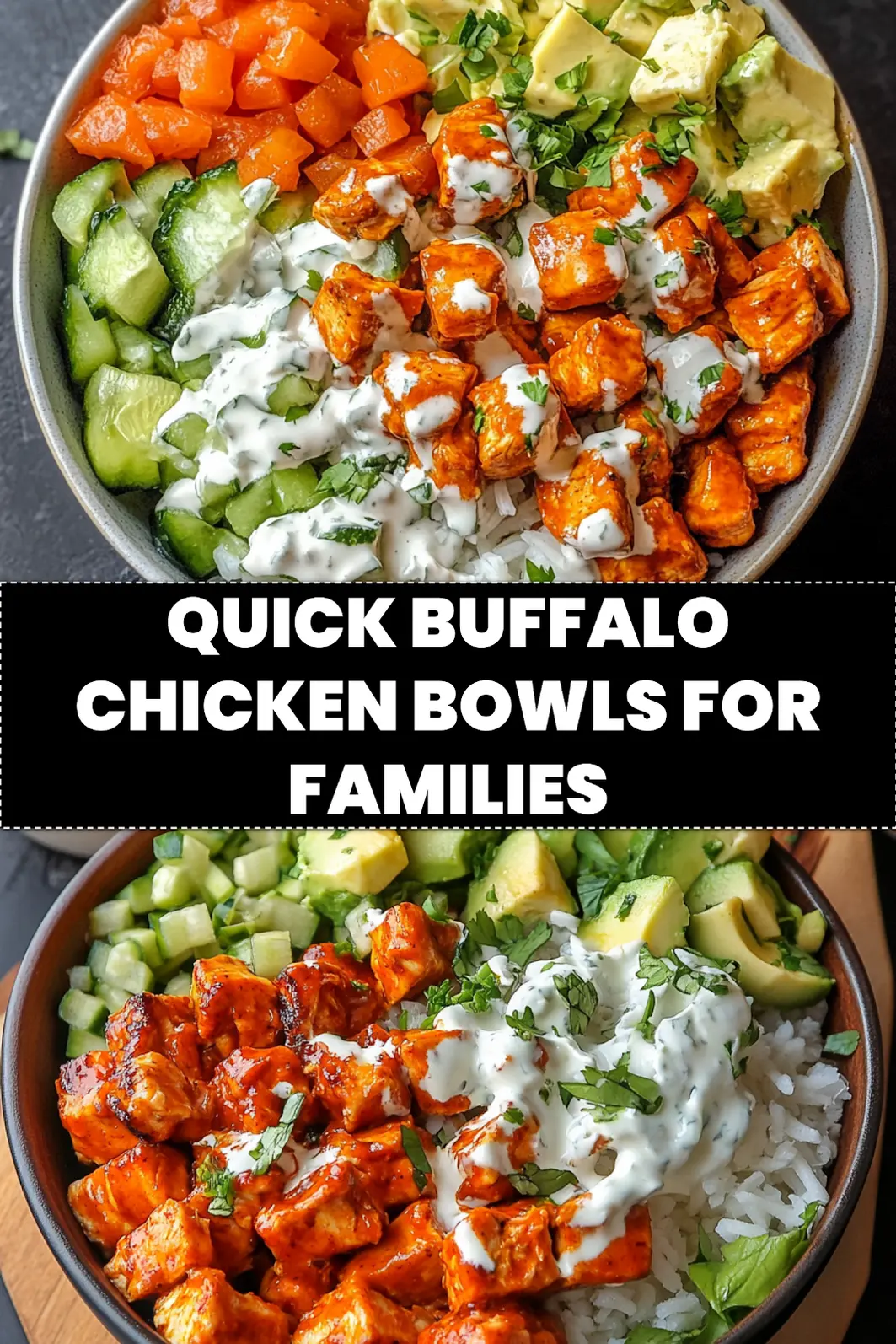 Buffalo Chicken Bowls with colorful toppings and creamy dressing, perfect for meal prep