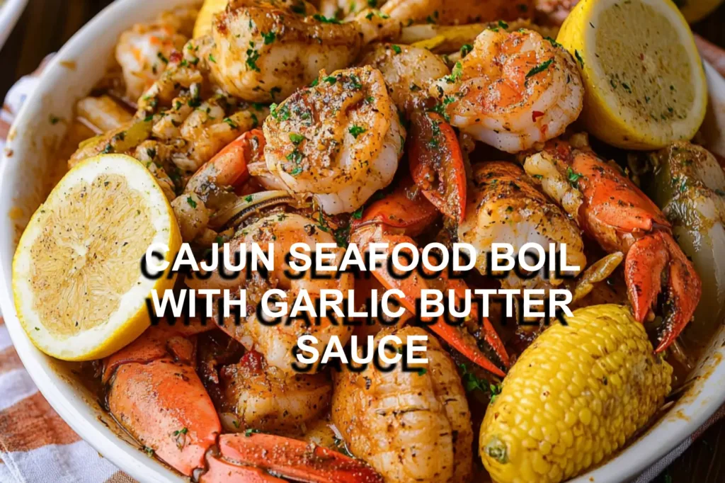 CAJUN SEAFOOD BOIL WITH GARLIC BUTTER SAUCE centered hero view, clean and uncluttered