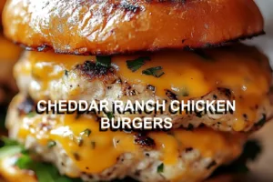CHEDDAR RANCH CHICKEN BURGERS centered hero view, clean and uncluttered