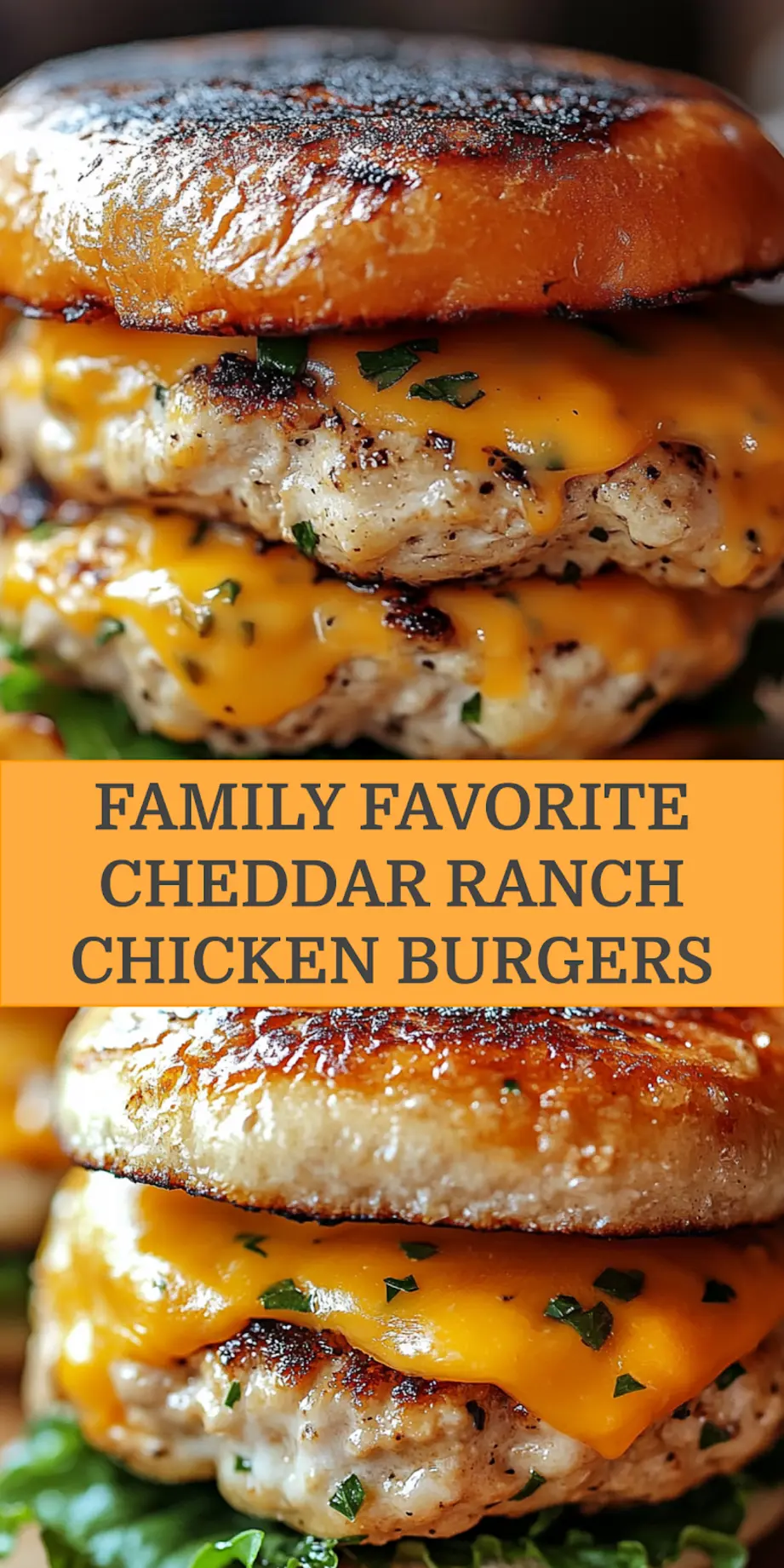CHEDDAR RANCH CHICKEN BURGERS centered hero view, clean and uncluttered