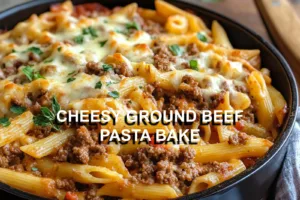 CHEESY GROUND BEEF PASTA BAKE centered hero view, clean and uncluttered