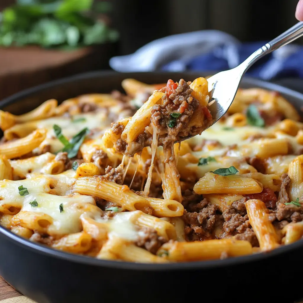 CHEESY GROUND BEEF PASTA BAKE centered hero view, clean and uncluttered