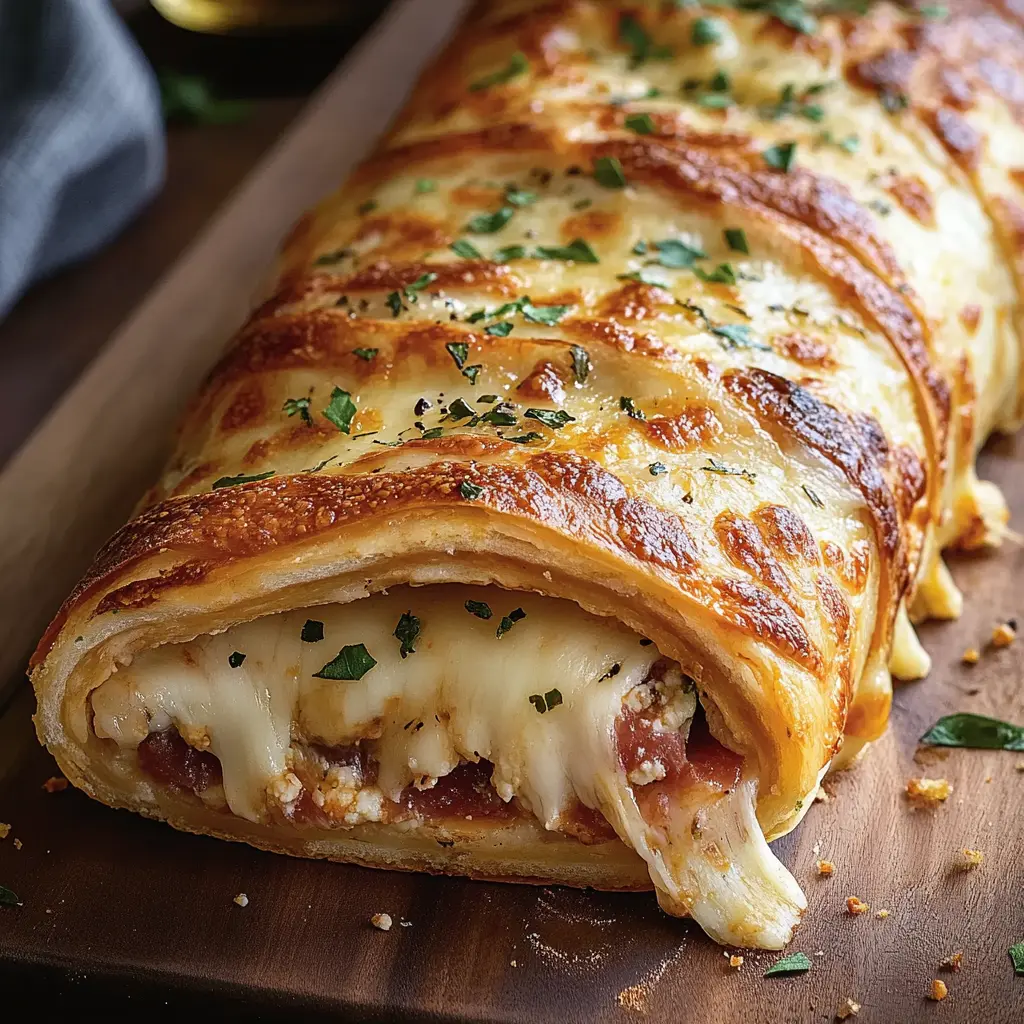 CHEESY ITALIAN STROMBOLI centered hero view, clean and uncluttered