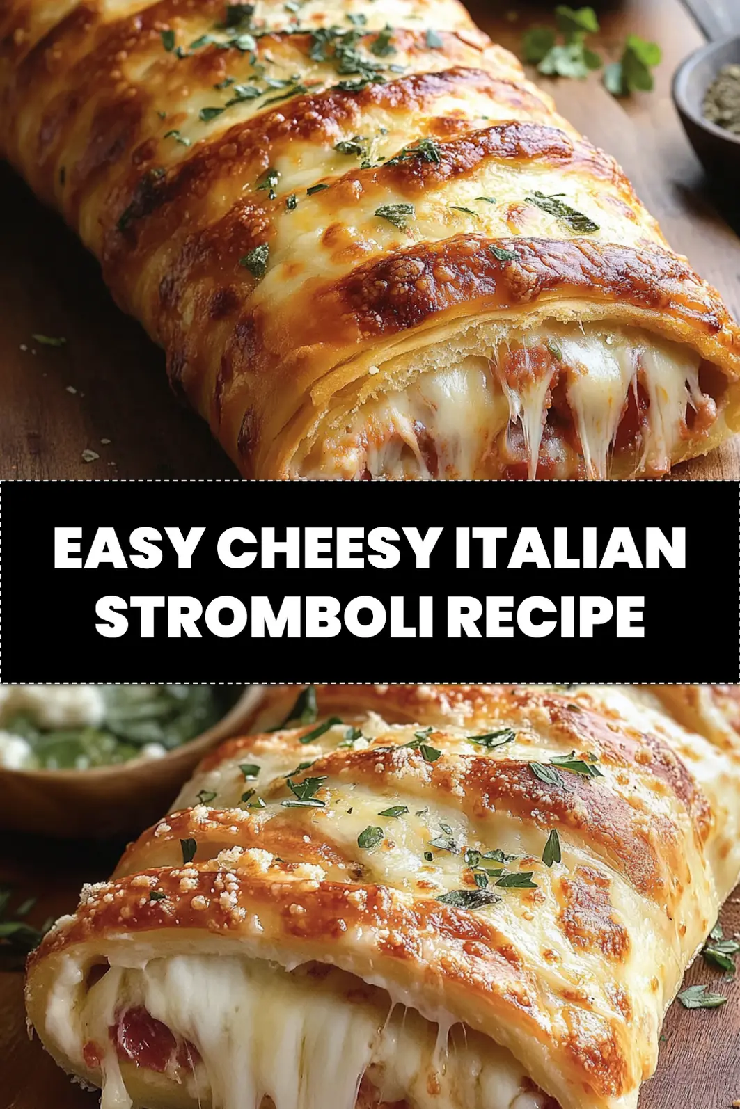 CHEESY ITALIAN STROMBOLI centered hero view, clean and uncluttered