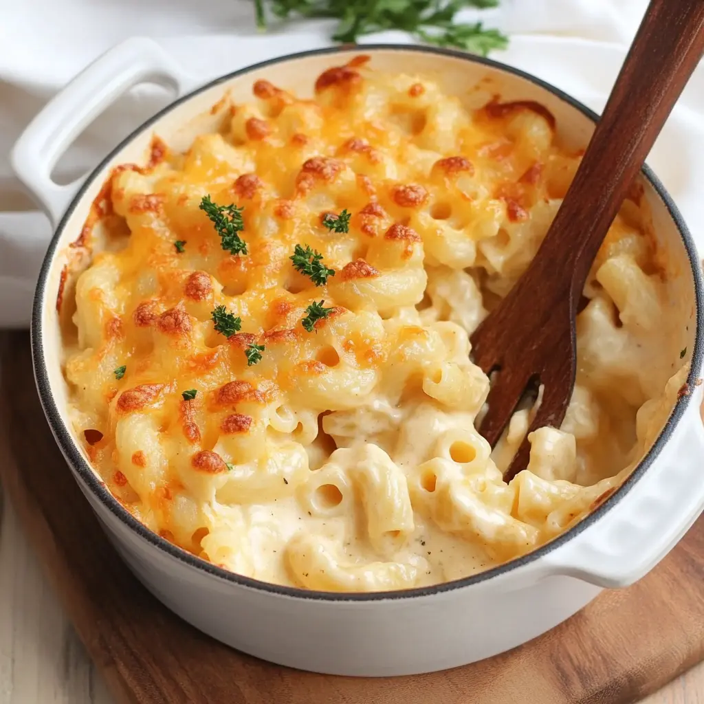 Chick Fil A Mac and Cheese in a white baking dish with golden melted cheese on top