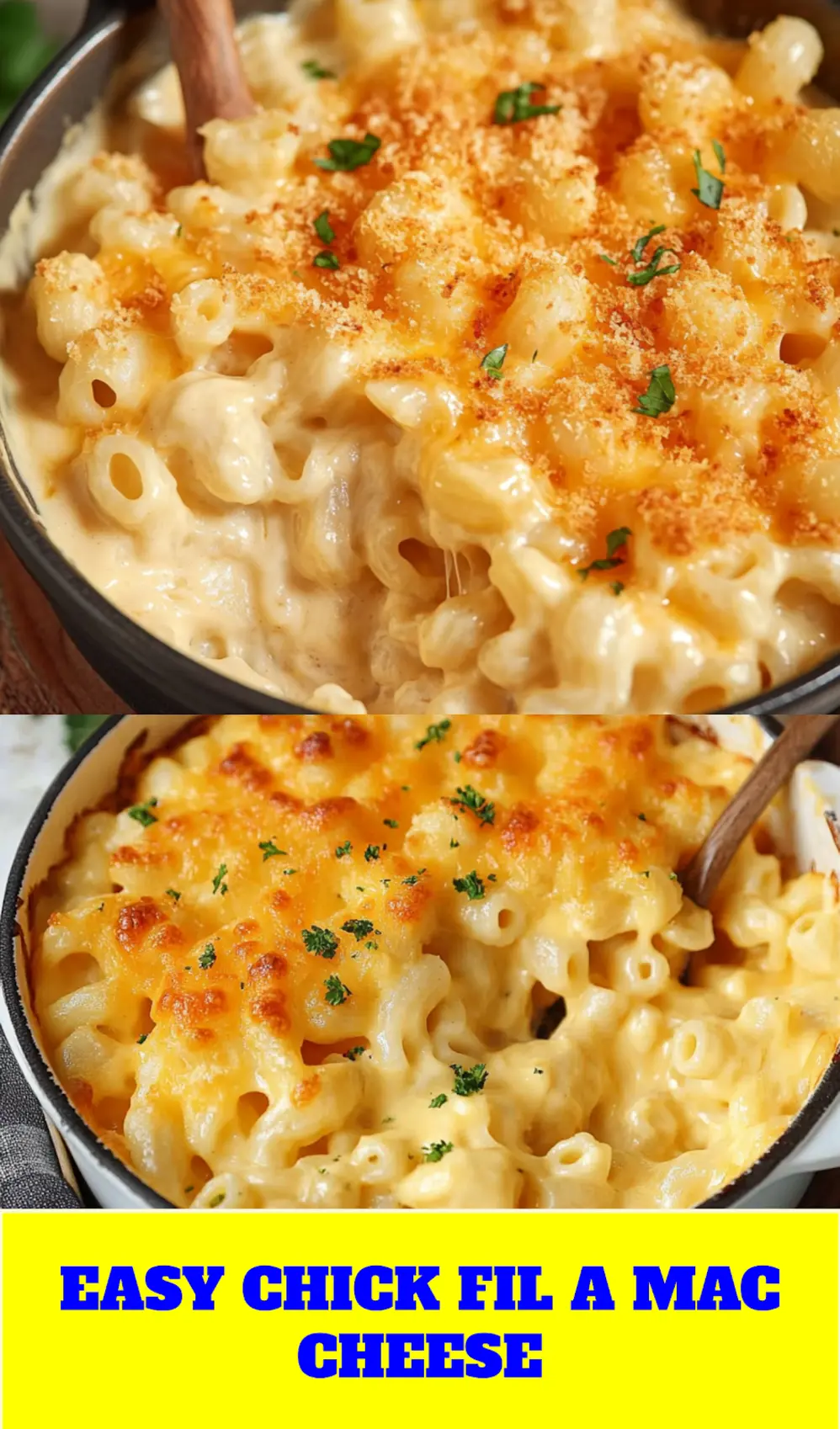 Chick Fil A Mac and Cheese with golden bubbling cheese top in serving dish
