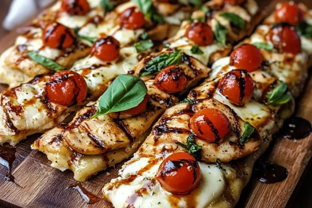 CHICKEN CAPRESE FLATBREAD centered hero view, clean and uncluttered