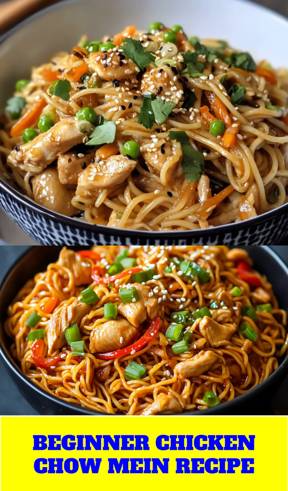 Chicken chow mein recipe pin image with noodles and vegetables