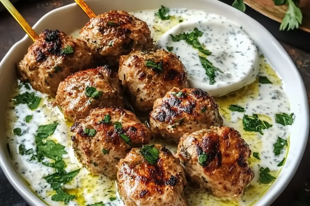 CHICKEN KOFTA GARLIC YOGURT SAUCE centered hero view, clean and uncluttered