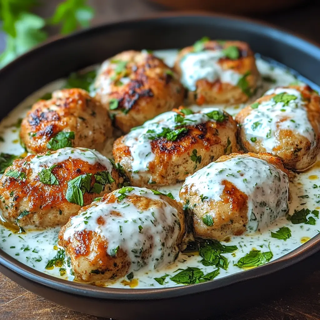 Chicken kofta with garlic yogurt sauce centered hero view, clean and uncluttered
