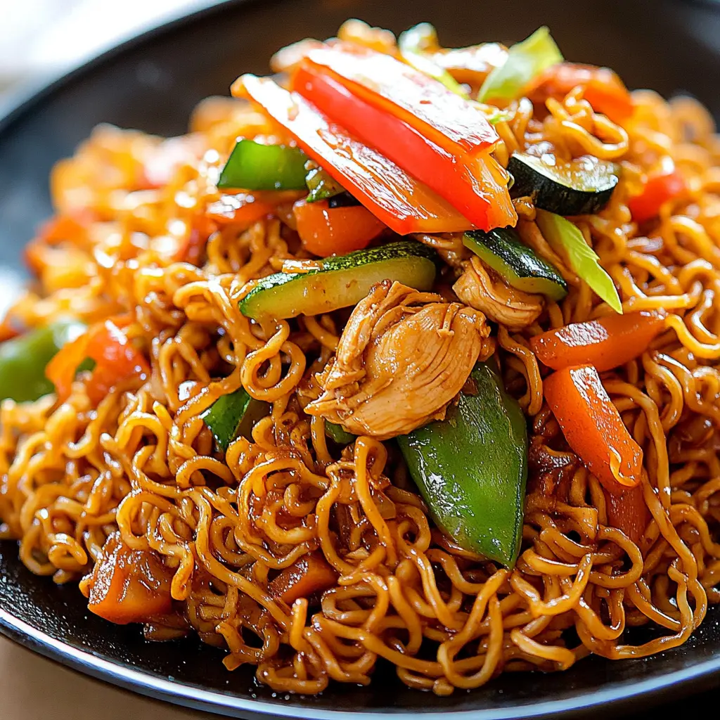 Chicken Vegetable Ramen Noodles in a skillet with colorful vegetables and tender chicken
