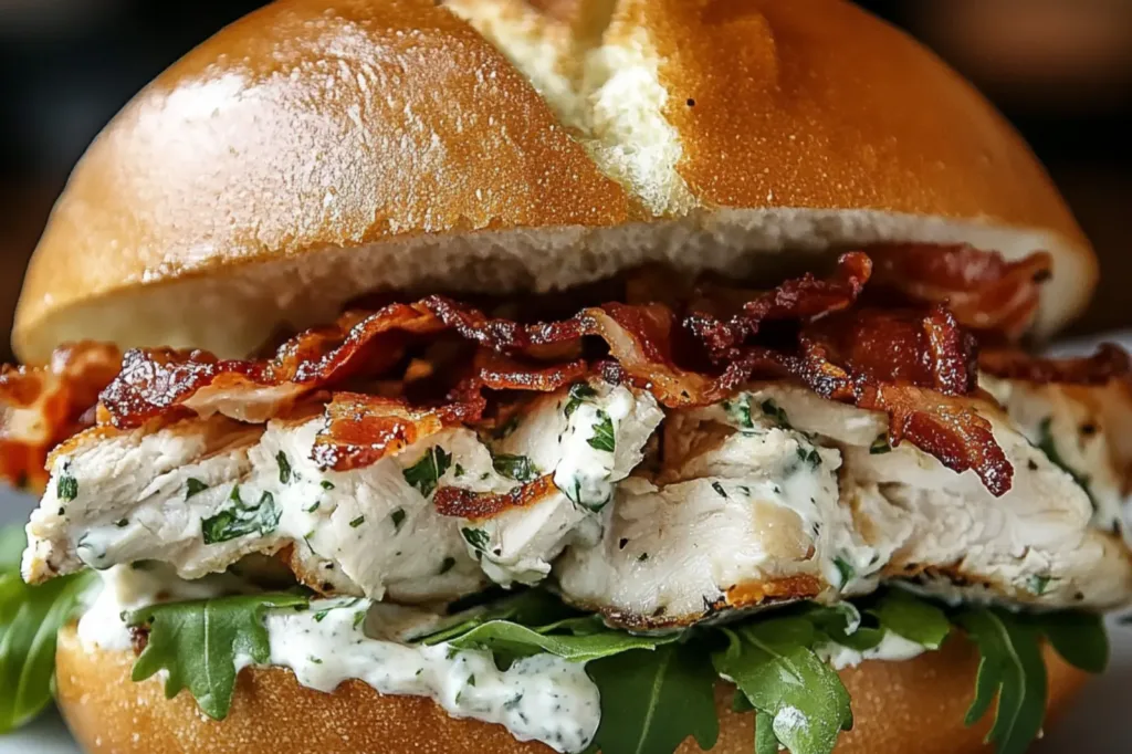 CHOPPED CHICKEN BACON RANCH SANDWICH centered hero view, clean and uncluttered