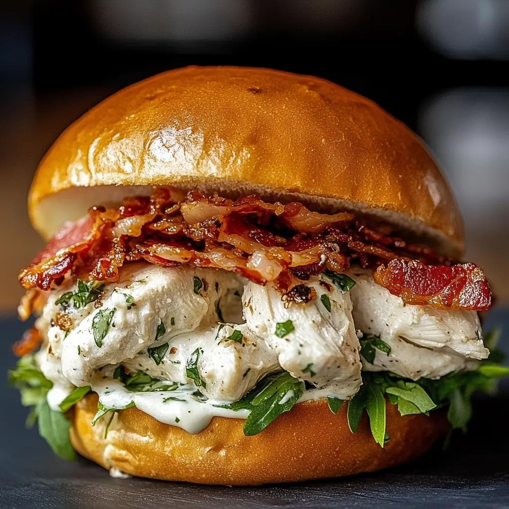 Chopped chicken bacon ranch sandwich with golden toasted rolls and crispy bacon