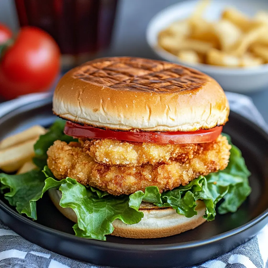Crispy fried chicken sandwich on toasted bun with pickles, centered on clean white background