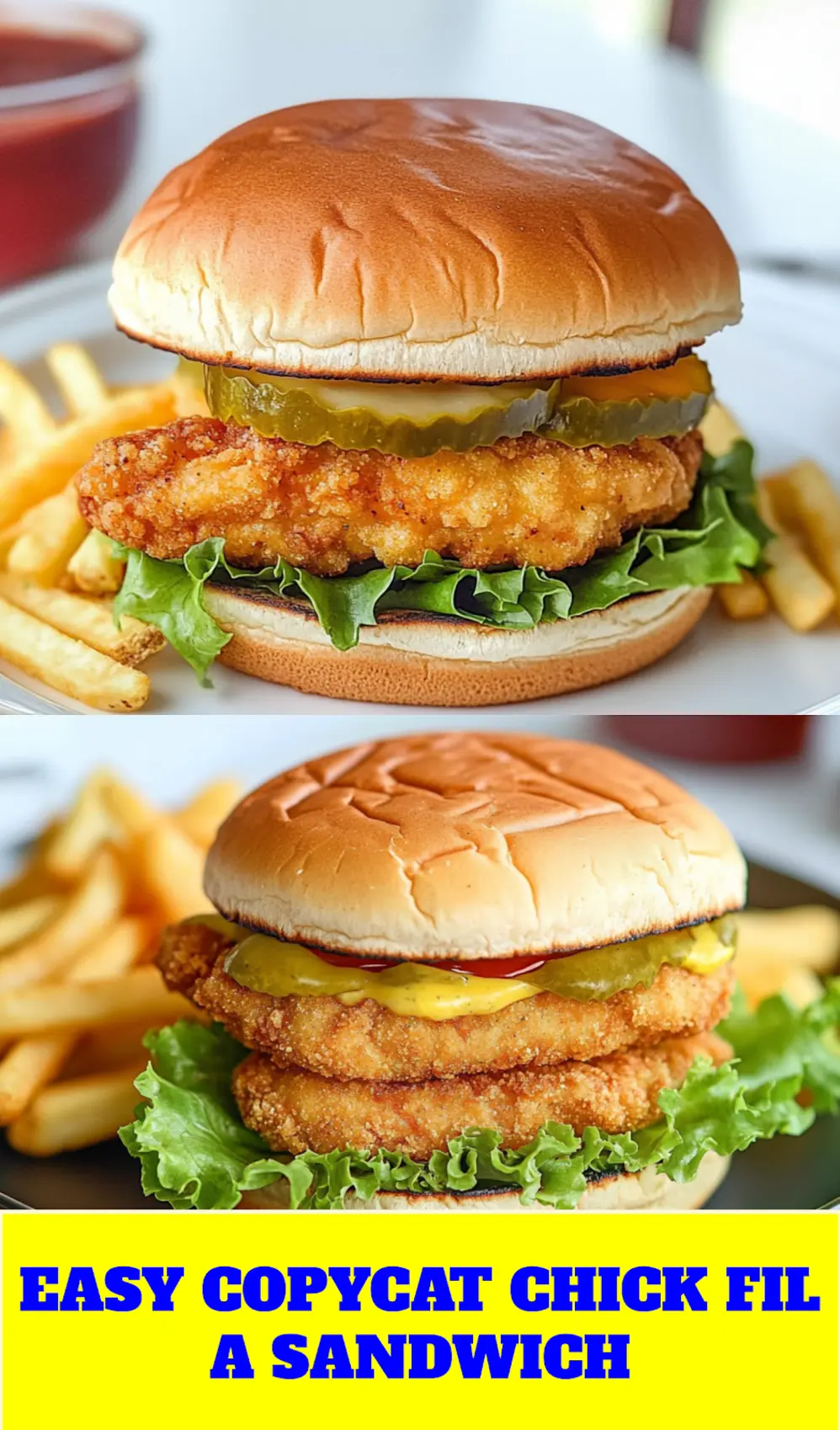 Pinterest-ready image of crispy fried chicken sandwich with pickles on toasted bun