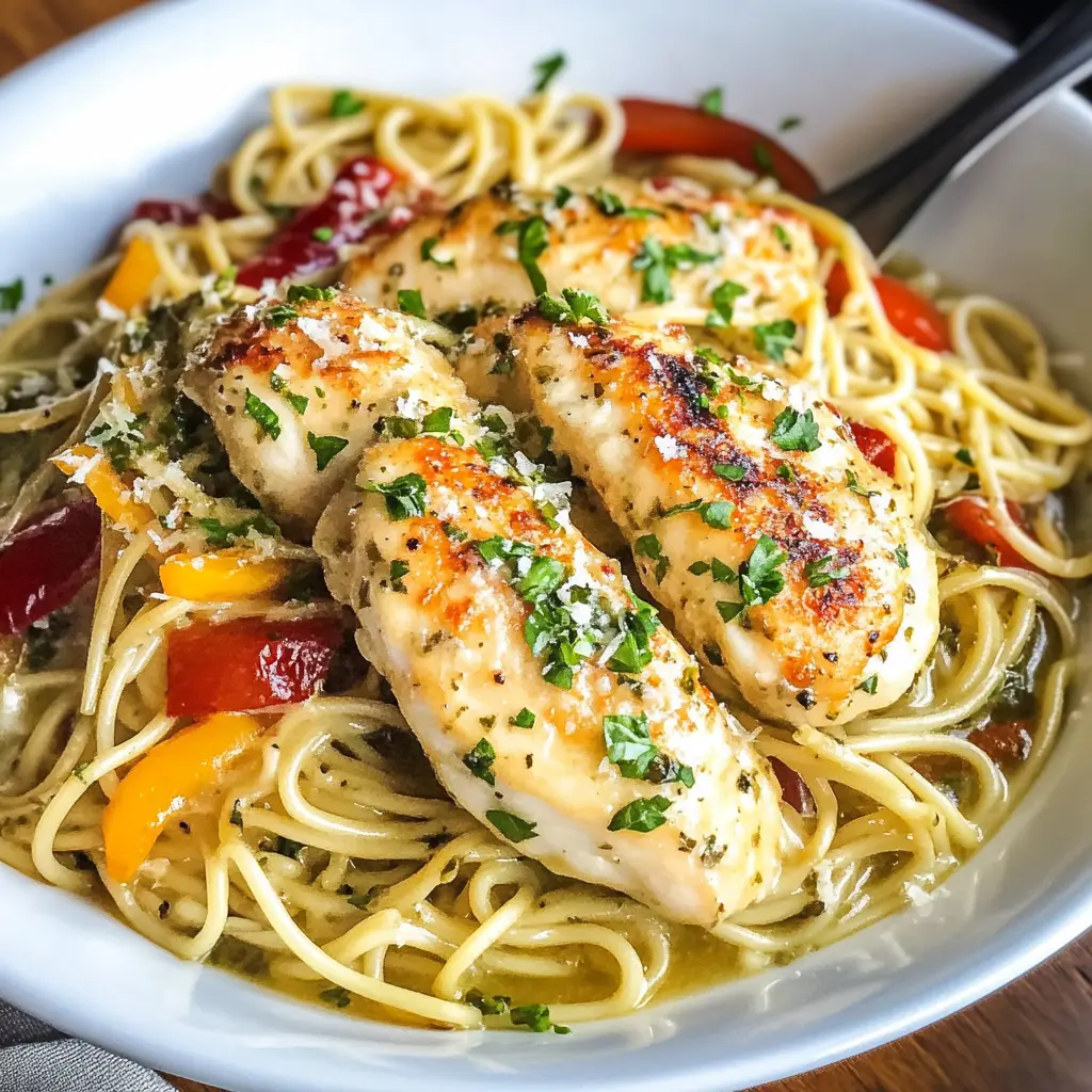 Copycat Olive Garden Chicken Scampi with golden chicken, colorful peppers, and angel hair pasta in buttery garlic sauce