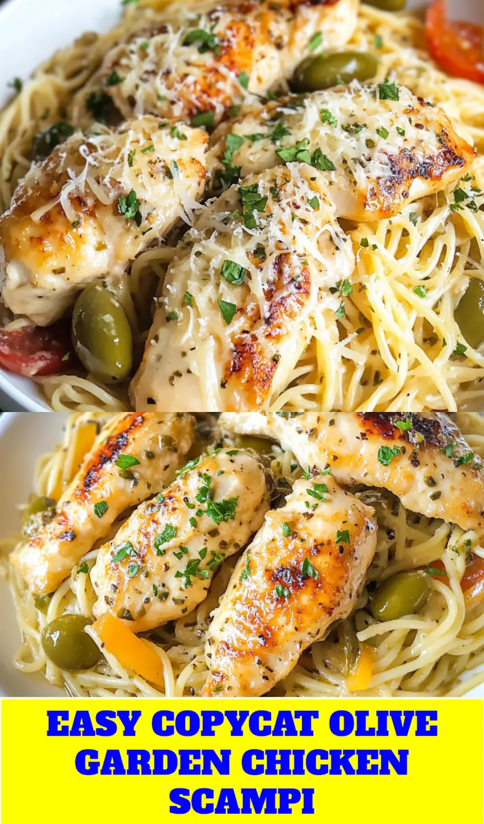 Copycat Olive Garden Chicken Scampi with tender chicken, bell peppers, and angel hair pasta in garlic butter sauce