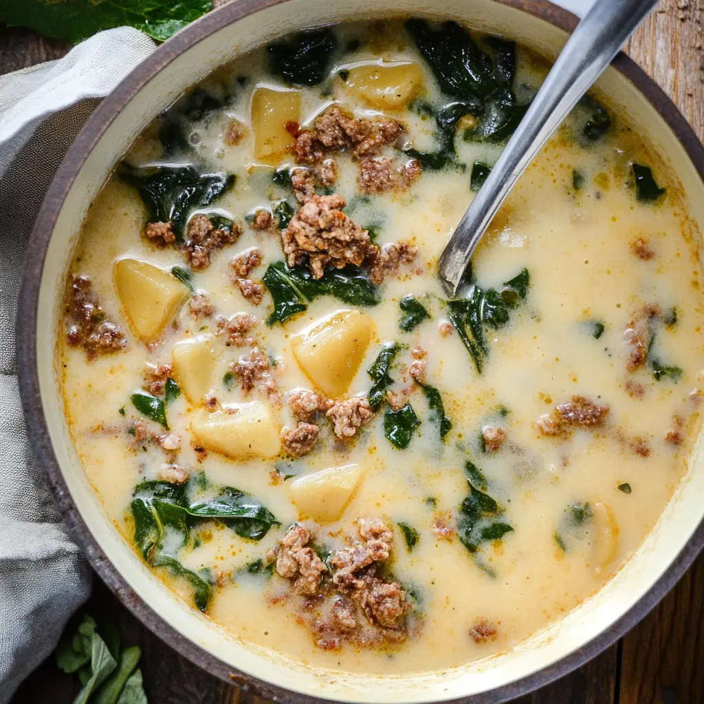 Bowl of Copycat Zuppa Toscana soup with creamy broth, Italian sausage, potatoes, and kale