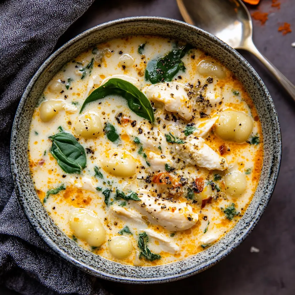 Creamy Chicken Gnocchi Soup in a white bowl with fresh herbs and parmesan