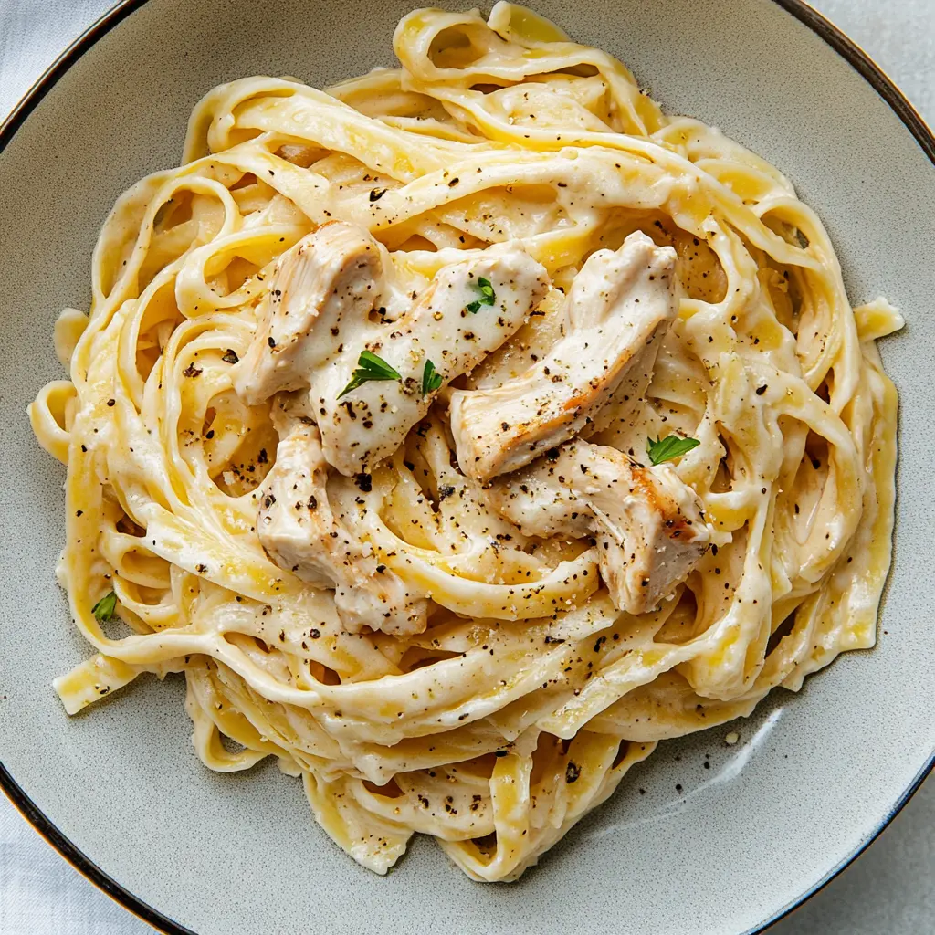Creamy Chicken Pasta Recipe Easy Weeknight Dinner 3 Creamy chicken pasta with golden sliced chicken breast on top of fettuccine in rich parmesan sauce