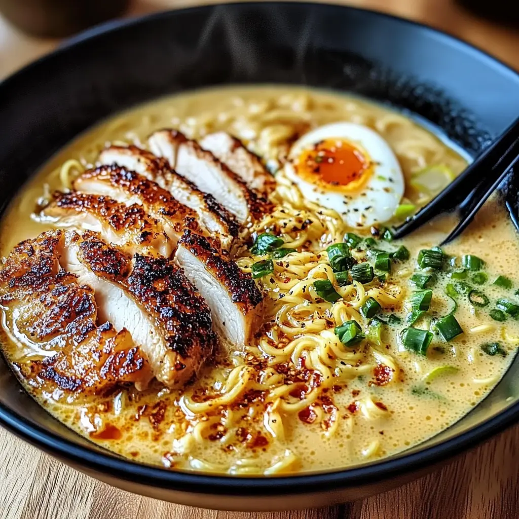 CREAMY GARLIC CHICKEN RAMEN centered hero view, clean and uncluttered