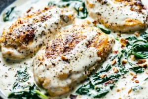 CREAMY SPINACH CHICKEN centered hero view, clean and uncluttered