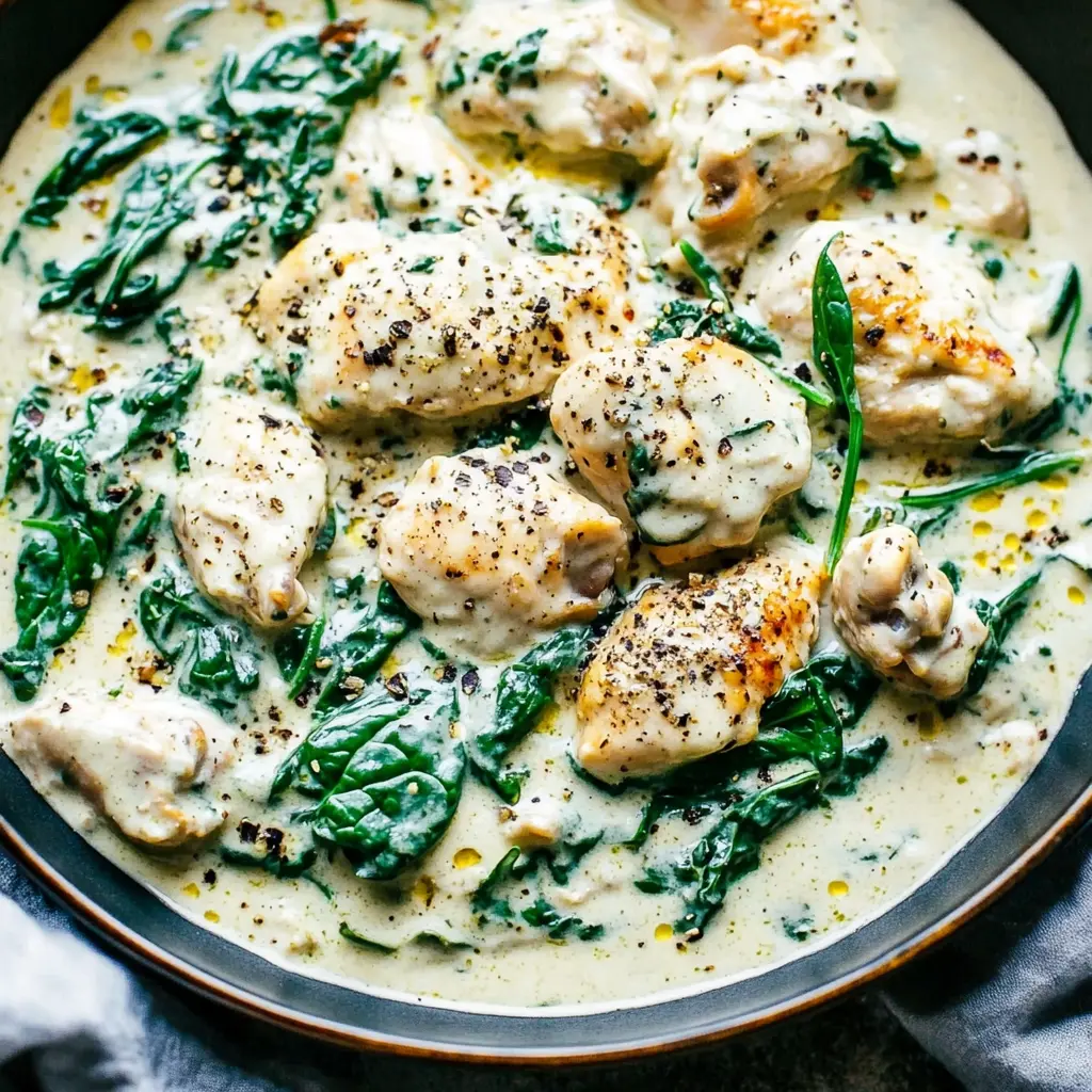 Creamy Spinach Chicken Easy Weeknight Dinner Recipe 3 Creamy Spinach Chicken on a white plate with fork and garnish