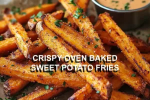 CRISPY OVEN BAKED SWEET POTATO FRIES centered hero view, clean and uncluttered