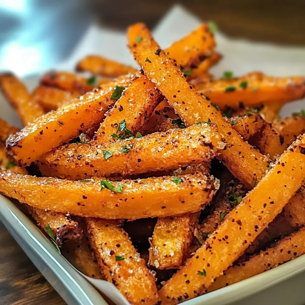 Crispy oven baked sweet potato fries centered hero view, golden and delicious