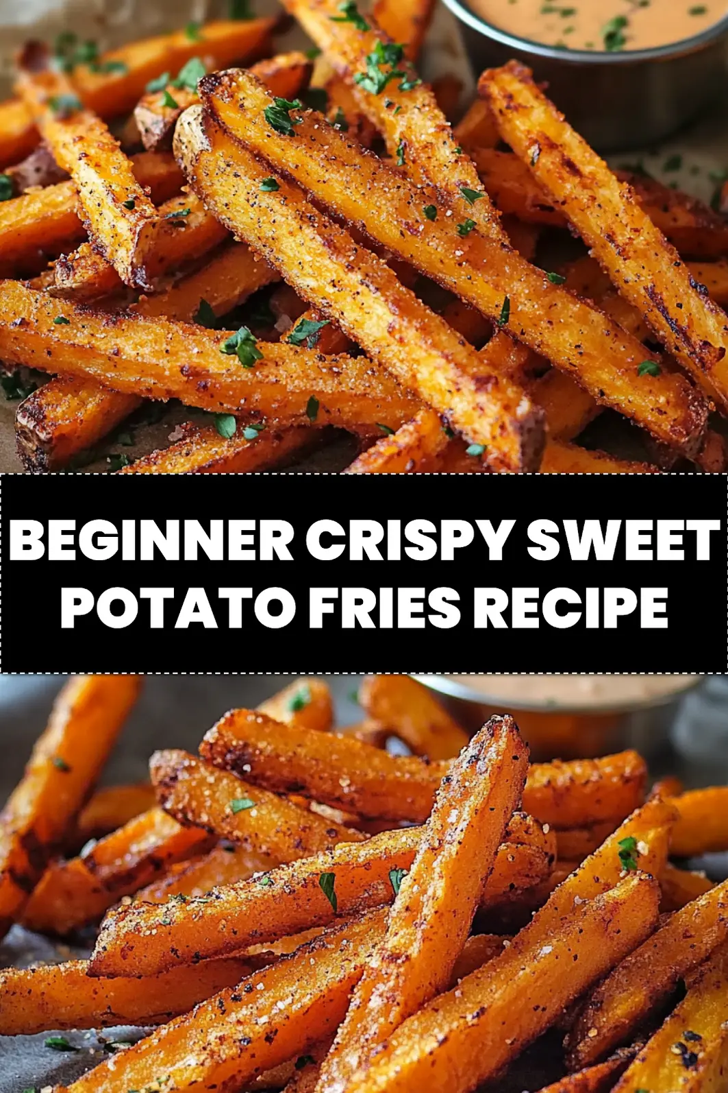 Crispy oven baked sweet potato fries Pinterest image, golden and appetizing