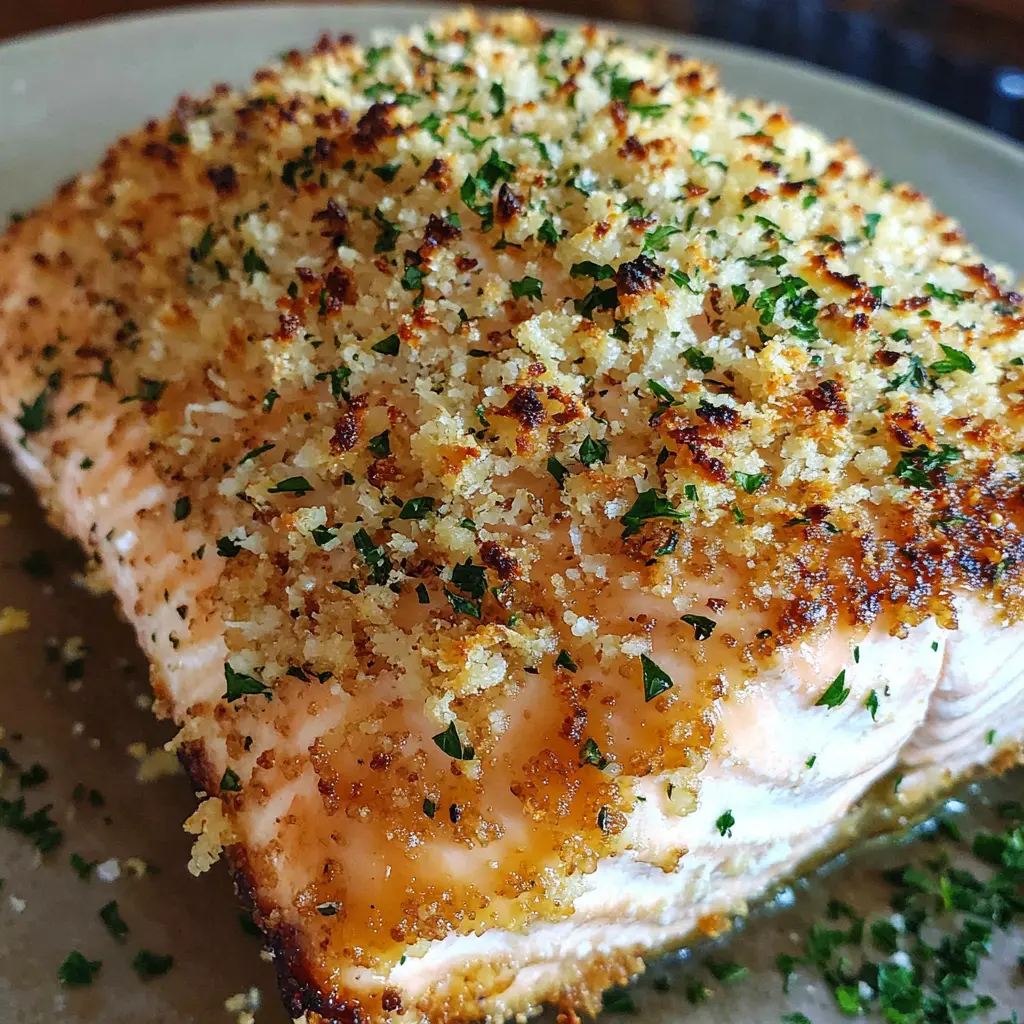 CRISPY PARMESAN CRUSTED BAKED SALMON centered hero view, clean and uncluttered