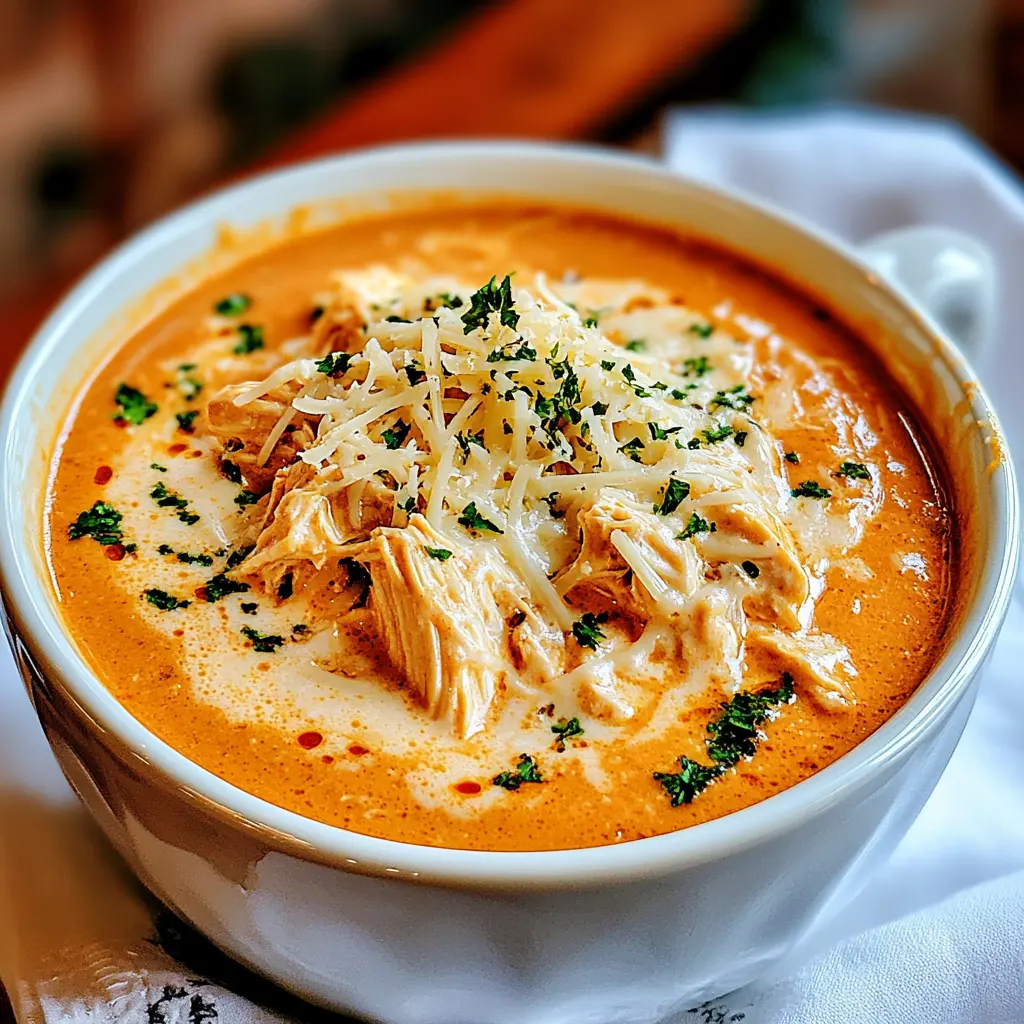 Crock Pot Creamy Chicken Parmesan Soup in a bowl, centered hero view, clean and uncluttered