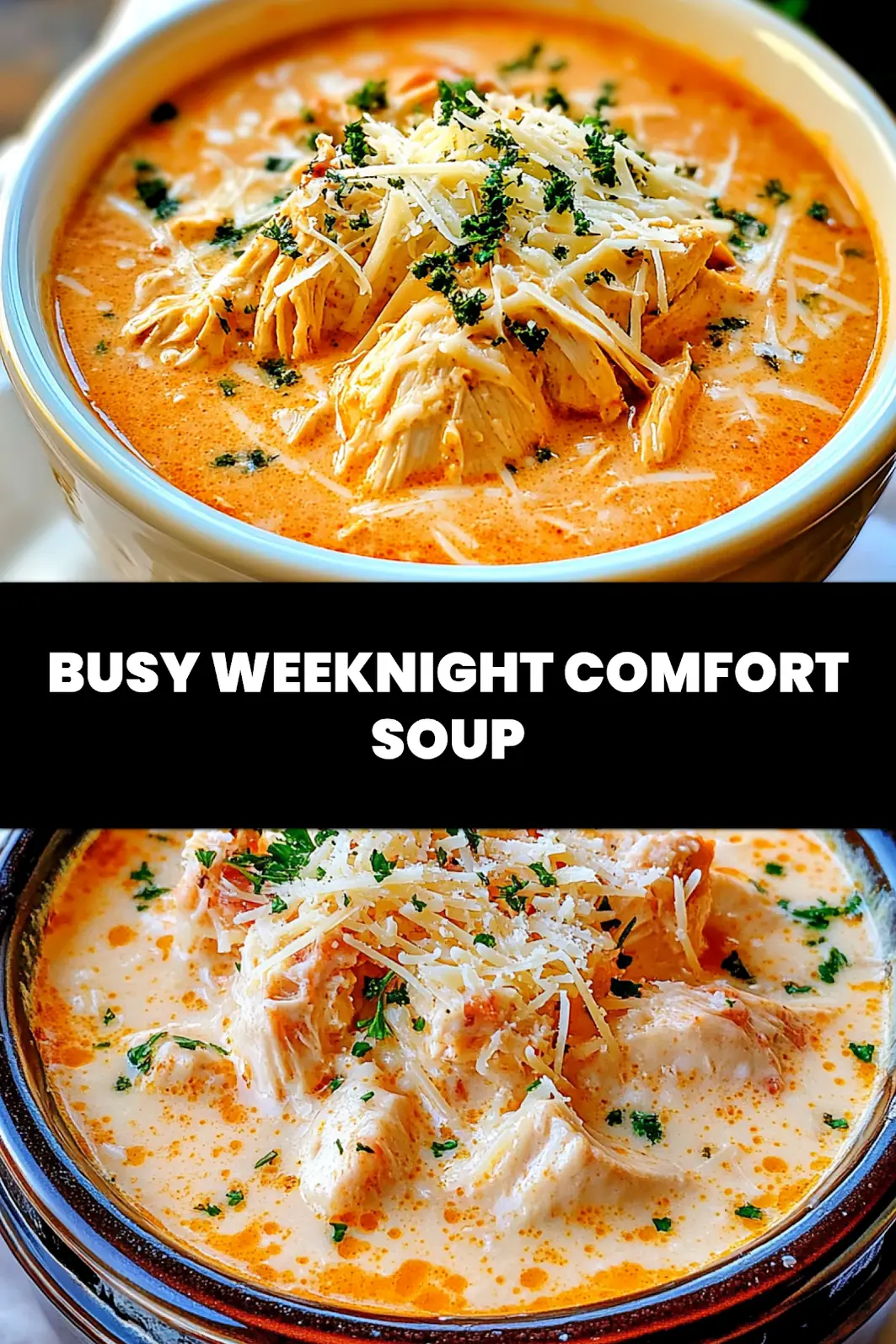 Crock Pot Creamy Chicken Parmesan Soup Pinterest image, centered hero view, clean and uncluttered