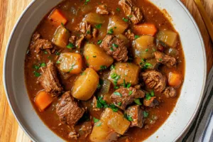 CROCKPOT BEEF STEW centered hero view, clean and uncluttered